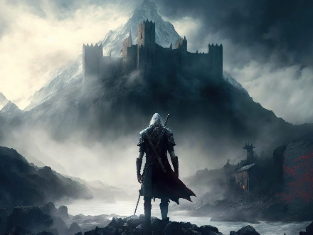 The Witcher stands in front of the castle shrouded in mist. lonely, hero, travel, danger, warrior, adventure, wallpaper, picture, weapon, mysticism, magic, equipment, success. Fantasy concept. AI